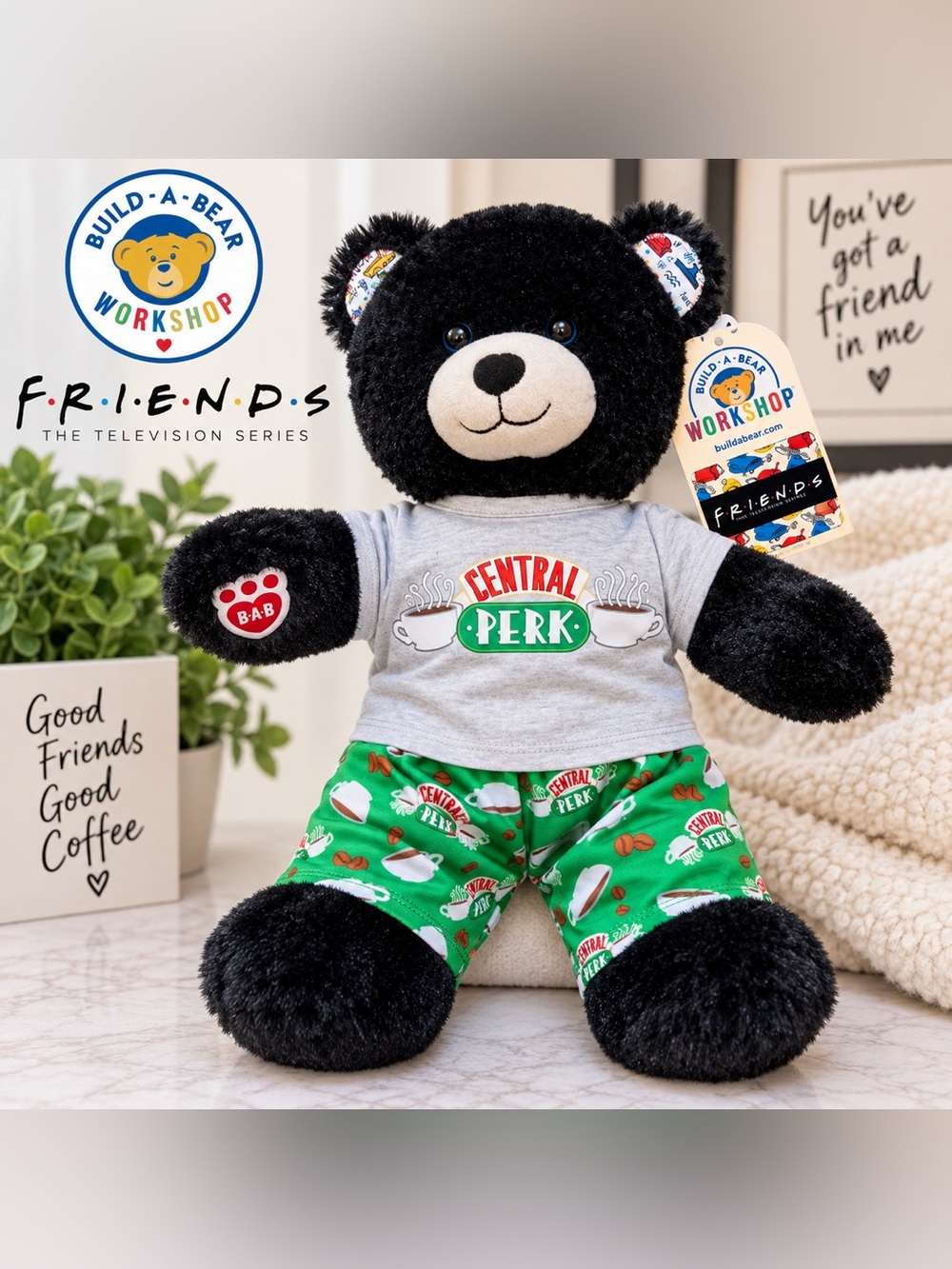 Build A Bear FRIENDS Central Perk Black Bear Plush Pajamas w/ Tag